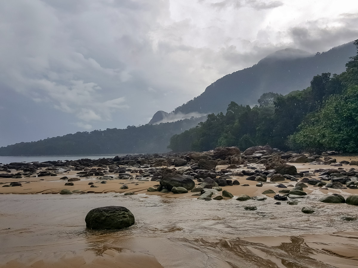 Rainy beach along Sarawak Rainforest Adventure tour in Malaysia