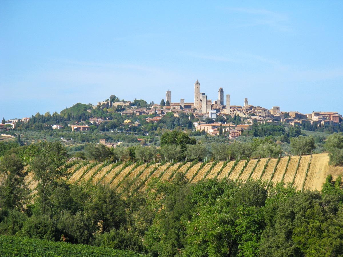 Views to San Gimignano seen on self-guided biking tour of Via Francigena from Parma to Siena