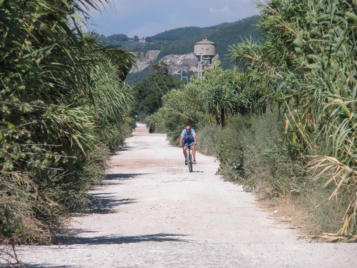 Biker cycling on the path of Via Francigena between Parma and Siena