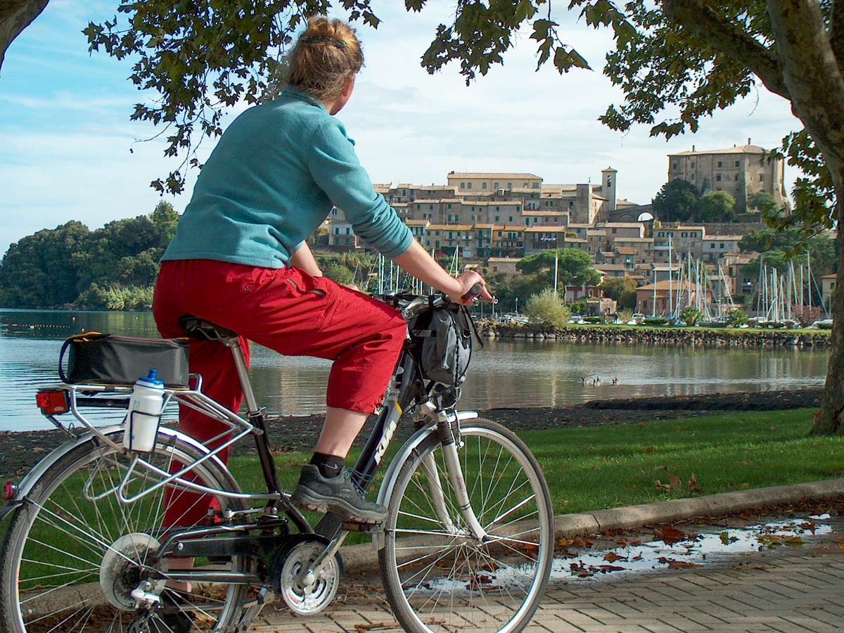 Biking along the Bolsena lake on Via Francigena between Siena and Rome