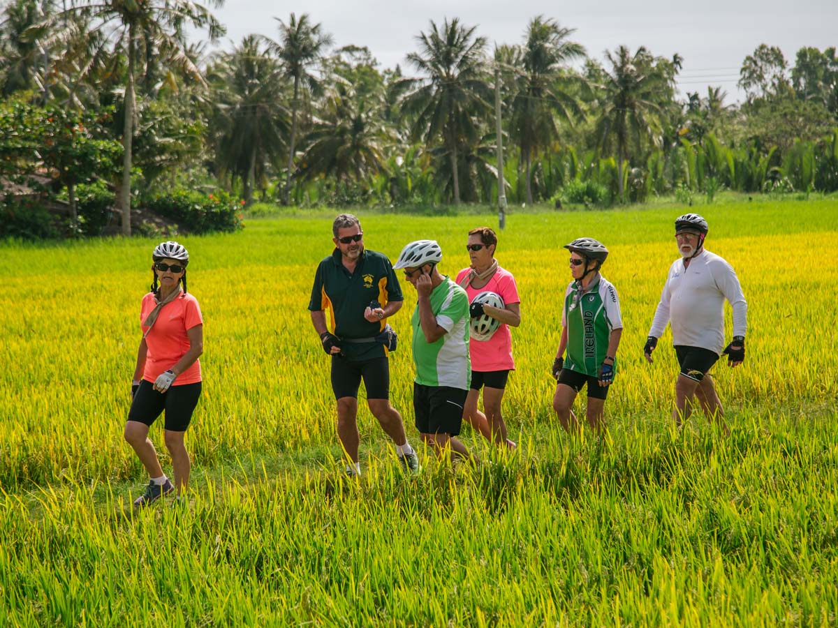 Group of bikers on guided biking tour from Mekong Delta to Angkor Wat
