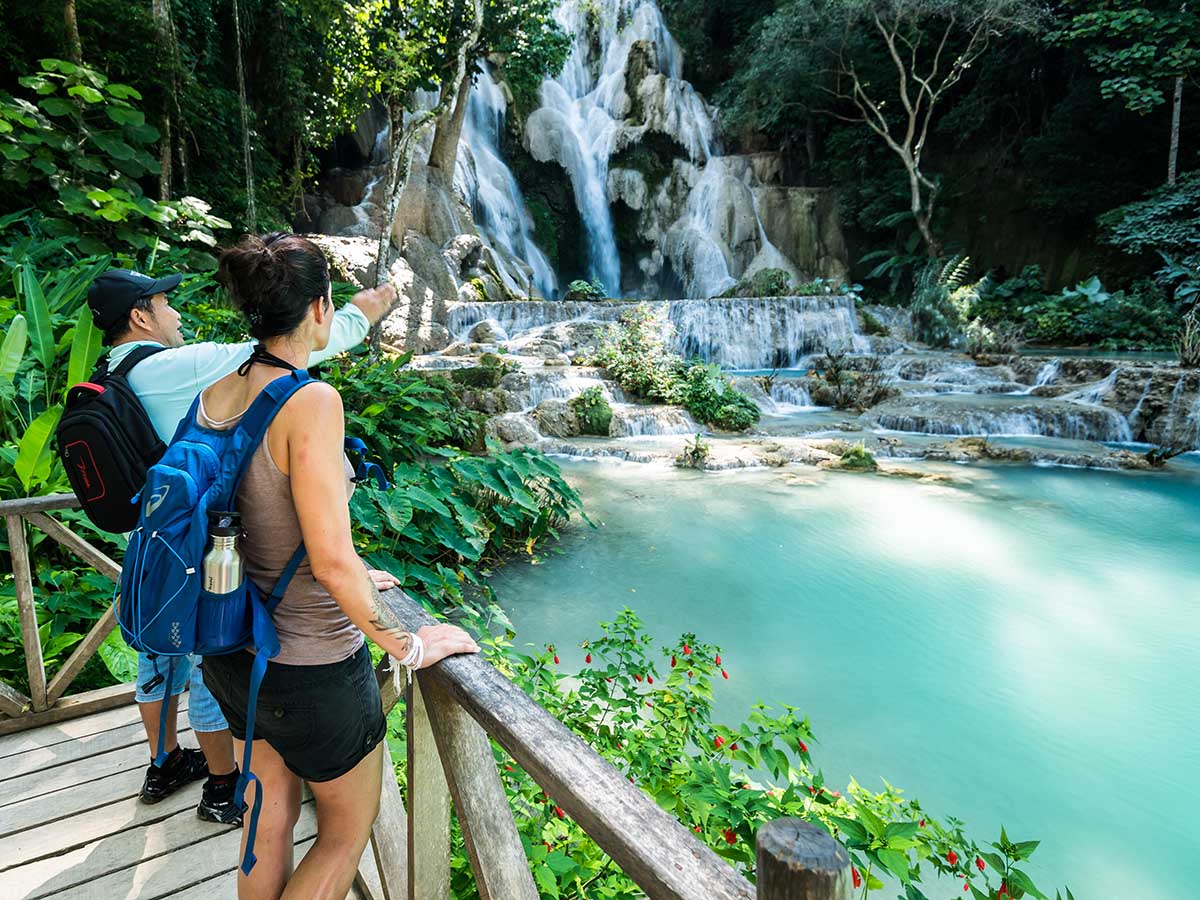 Looking at beautiful waterfalls in Laos