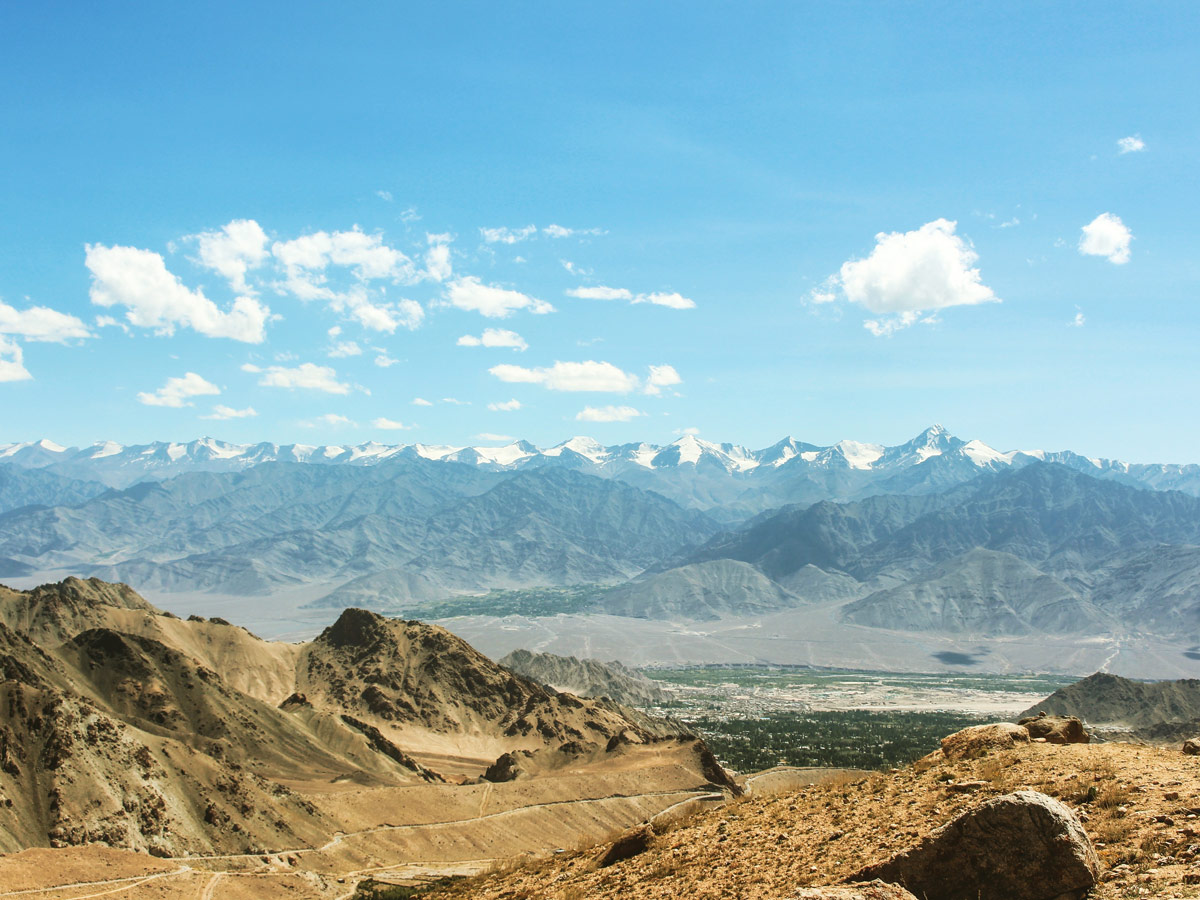 Snow on distance mountains seen from Chita trek in India