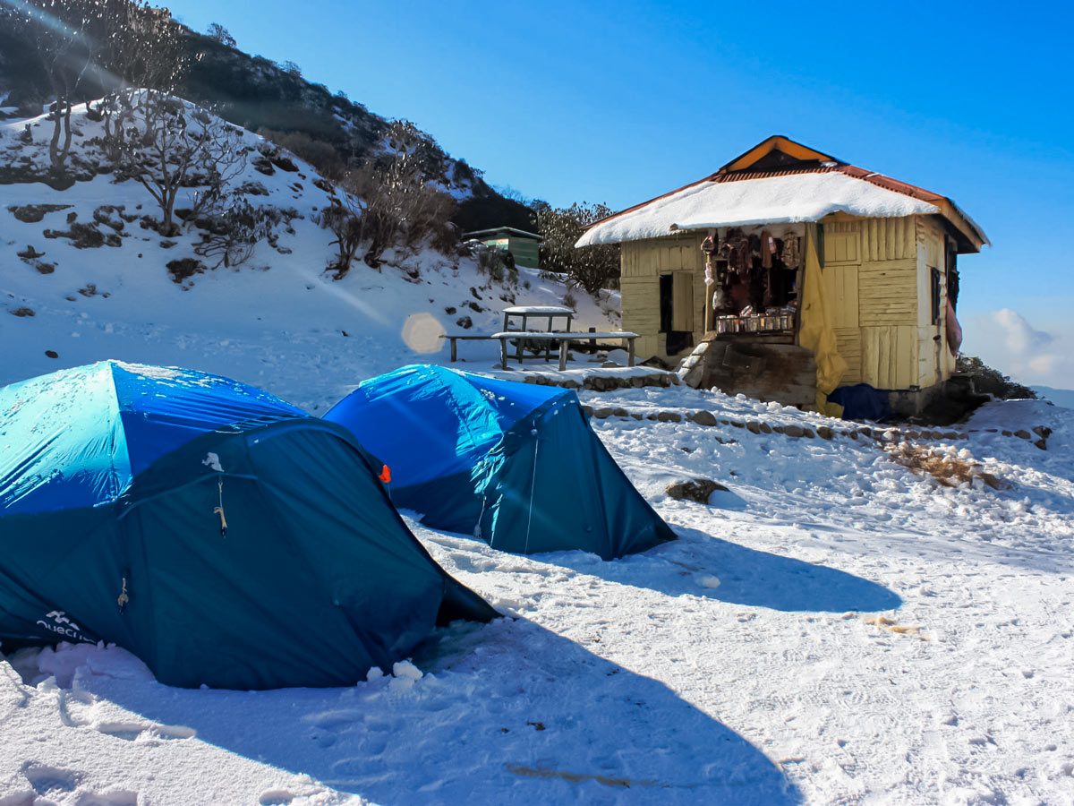 Mountain campsite along Goecha La trek hiking in India