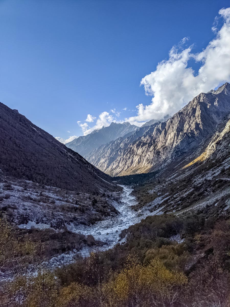 Beautiful valley and river along Kalindi Khal trek India