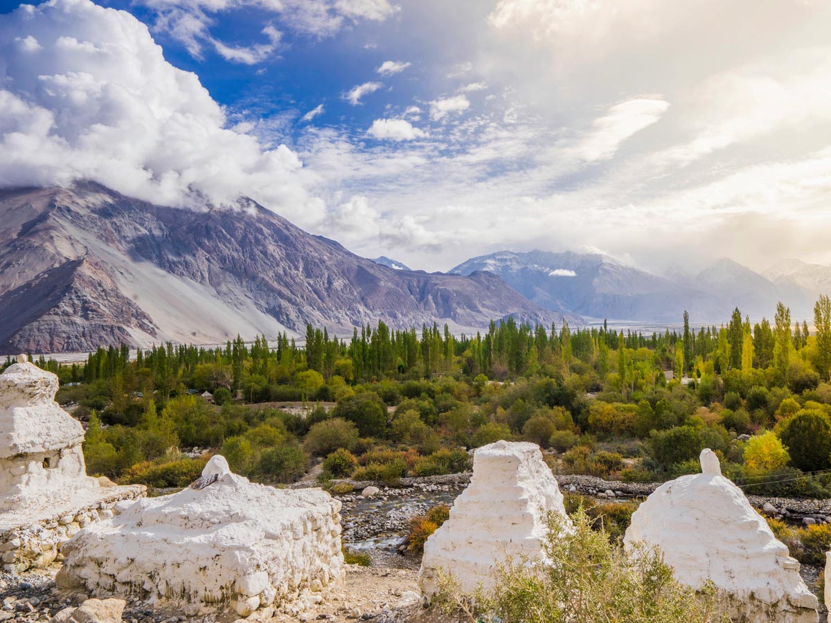 Beautiful sun soaked valley near Ladakh Village hiking in India