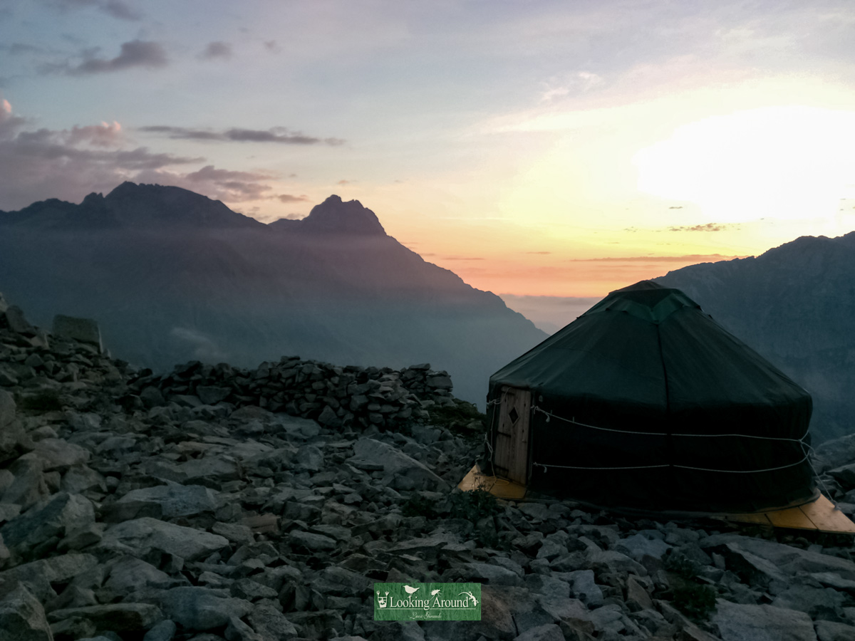 Mountain top Yurt at sunset seen hiking Kings Path trek France