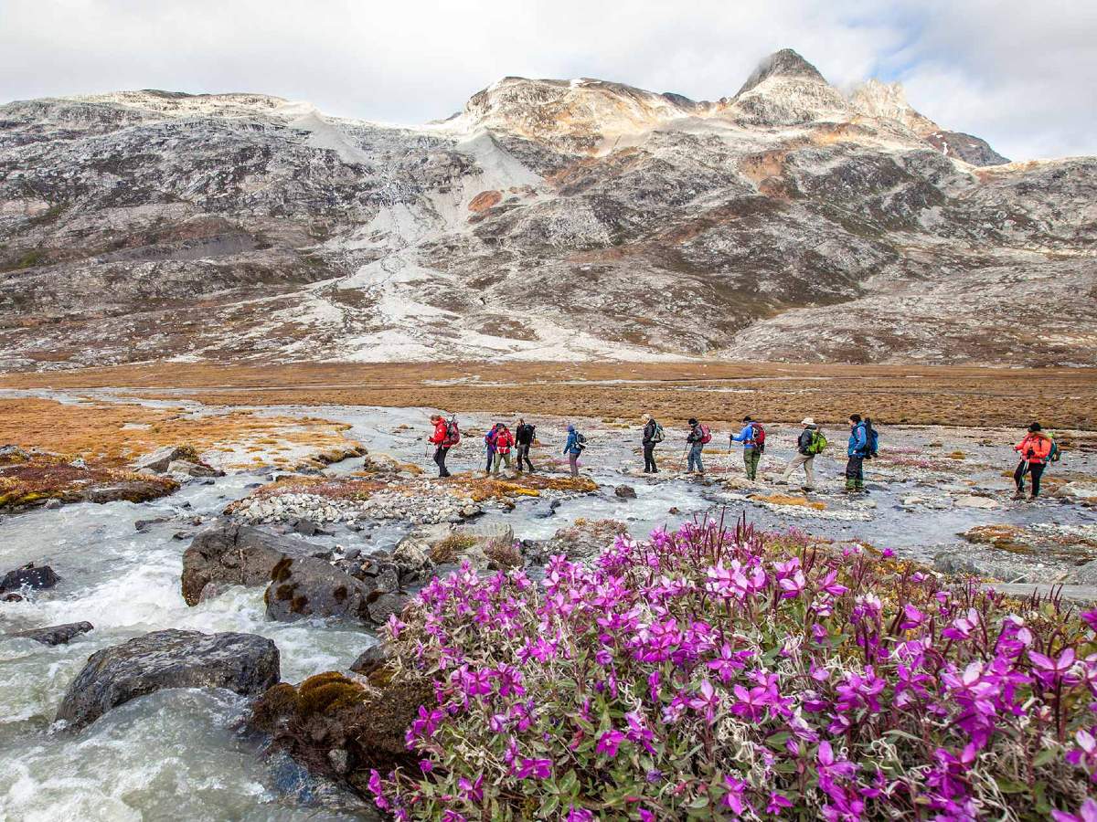 Group of hikers in a beautiful valley (Ultimate Greenland and Iceland Tour)