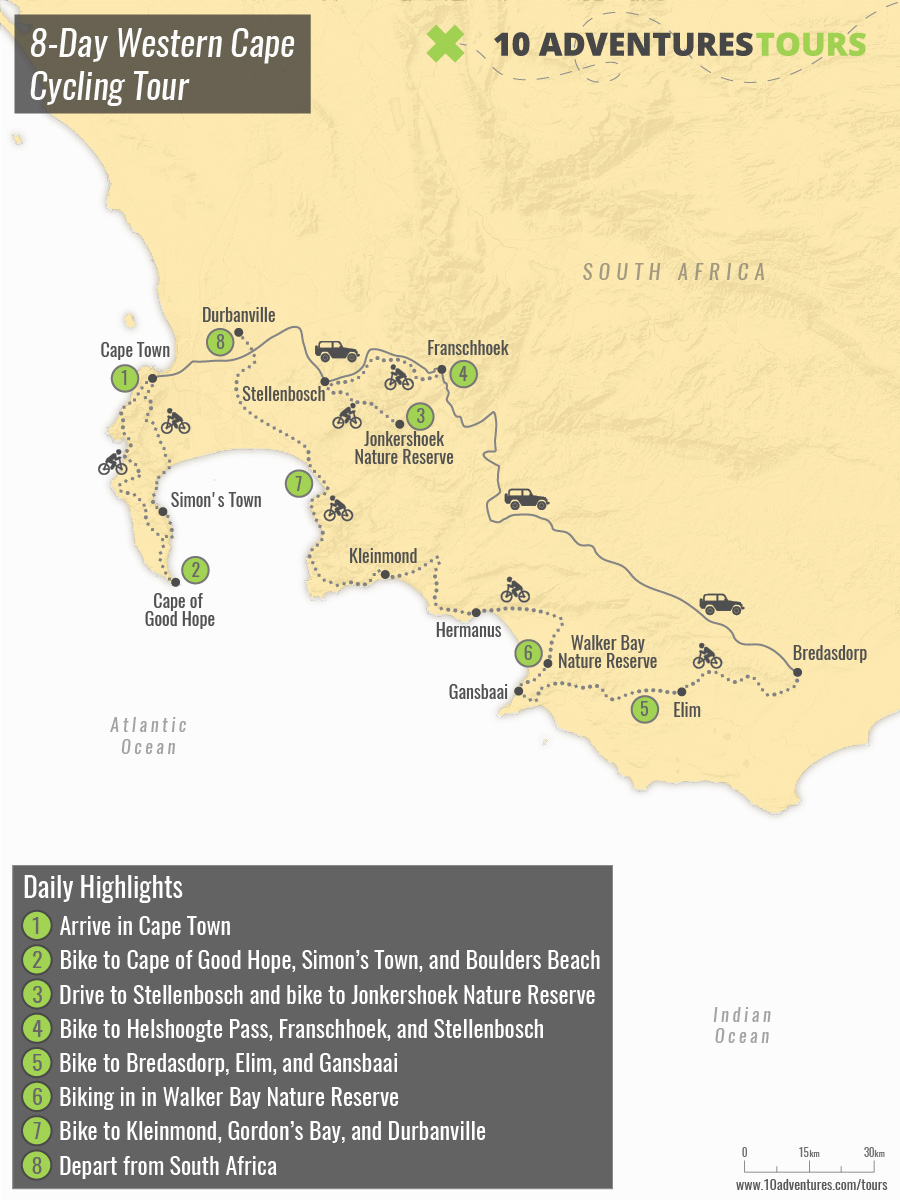 Map of 8-Day Western Cape Cycling Tour in South Africa