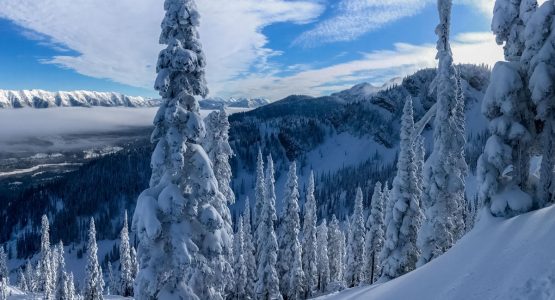 Beautiful snowy mountians valleys skiing snowboarding Powder highway BC Alberta Canada