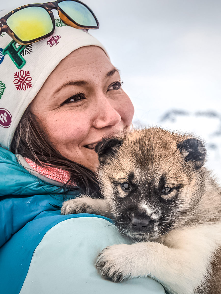 Tourist holding cuddles sled deg puppy dogsledding tour Greenland