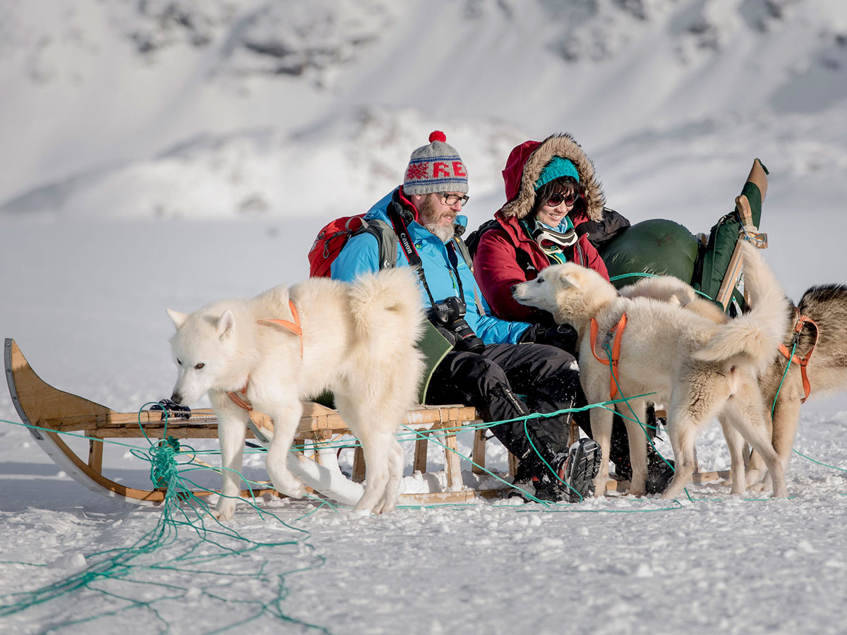 Tourists petting playing with sled dogs along Dog Sledding tour Greenland