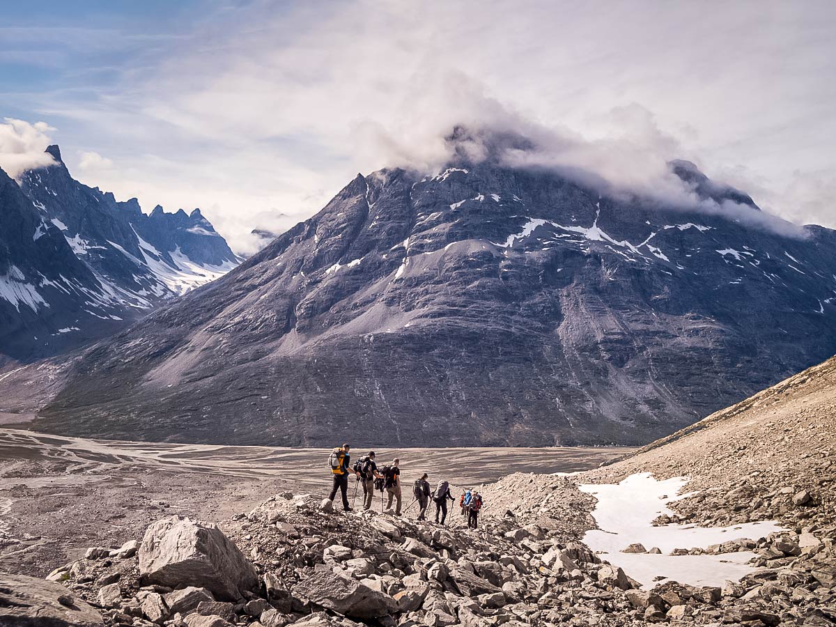 Descending from the Tasiilaq Mountain Hut to the Tasiilaq Fjord Greenland