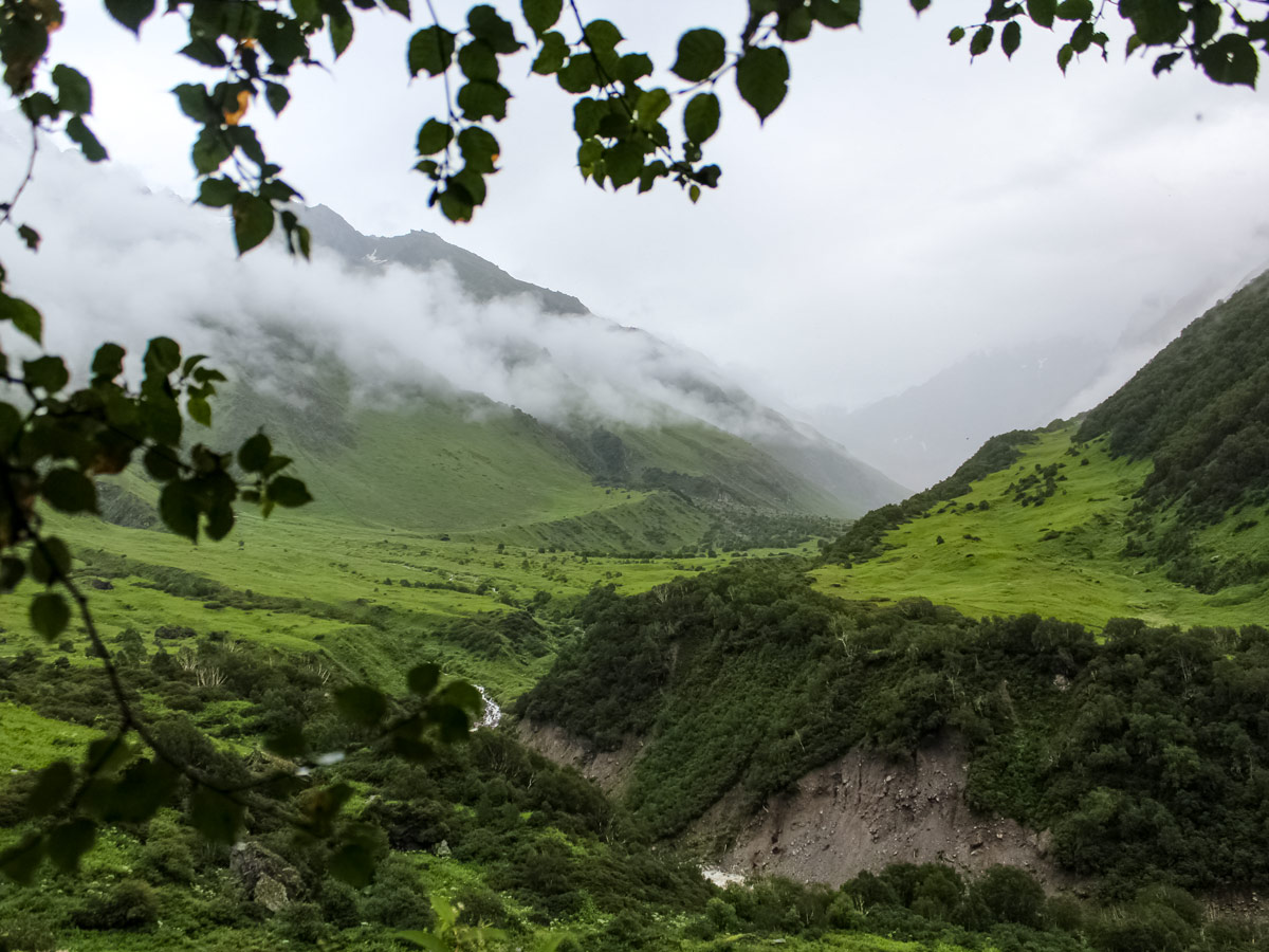 Fog and clouds over mysterious Valley of the flowers Uttarakhand India