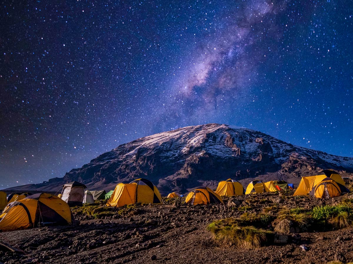 Camping under the stars along Lemosho hike Mount Kilimanjaro Tanzania