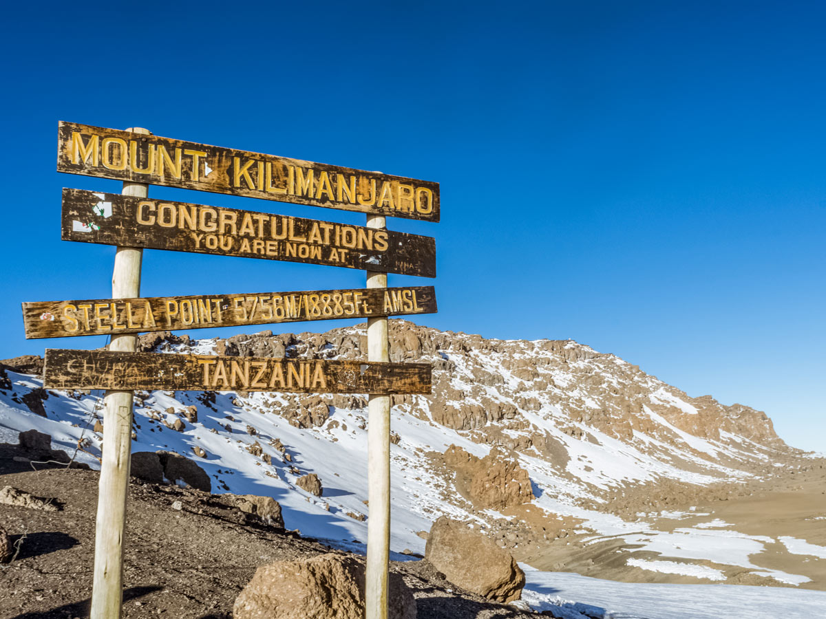 Stella Point trail sign Machame hiking Tanzania