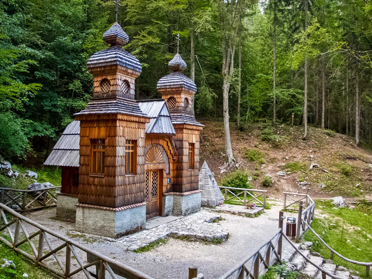 Russian Chapel in the woods along biking hiking adventure tour in Slovenia