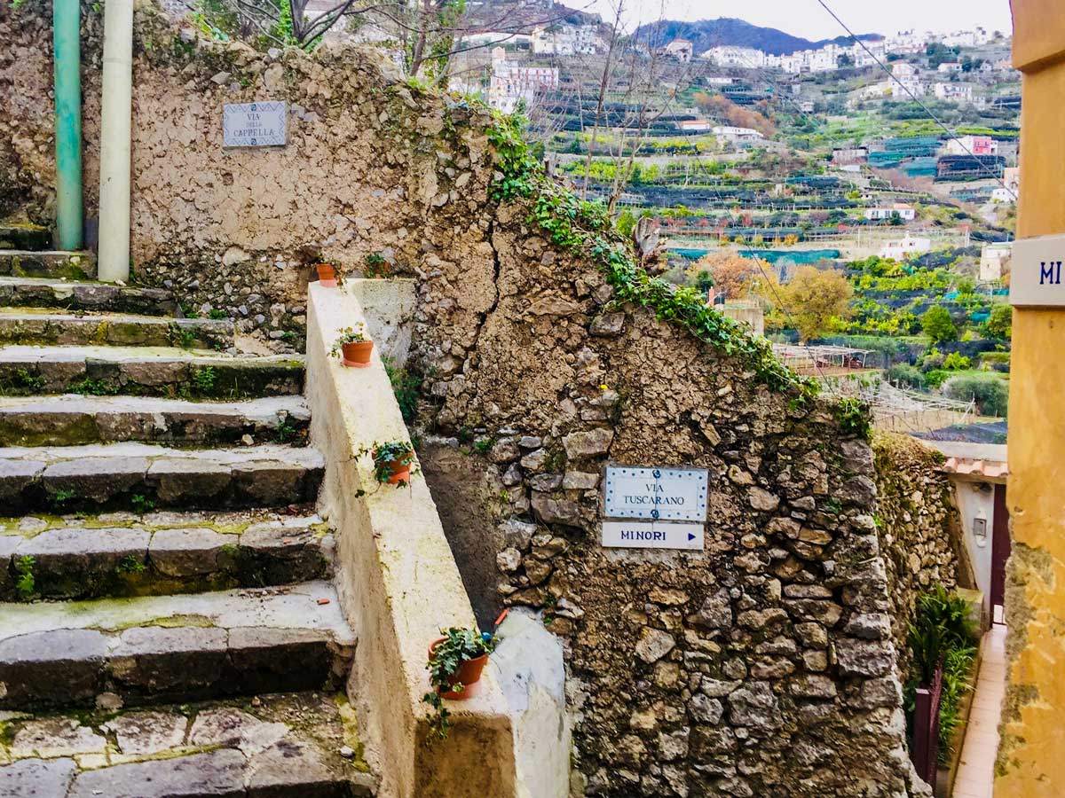 To Minori trail sign stone steps and houses walking Amalfi Coast Italy