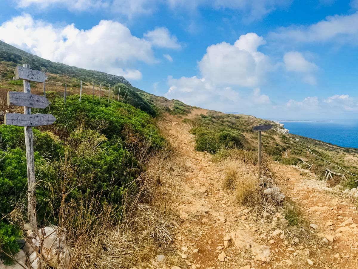 Coastal hiking trail signs Western Sicily Walking Holiday