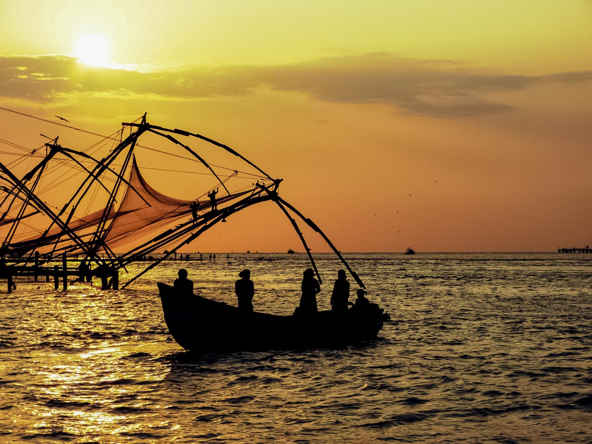 Chinese fishing nets on ocean docks Cochin Kerala India