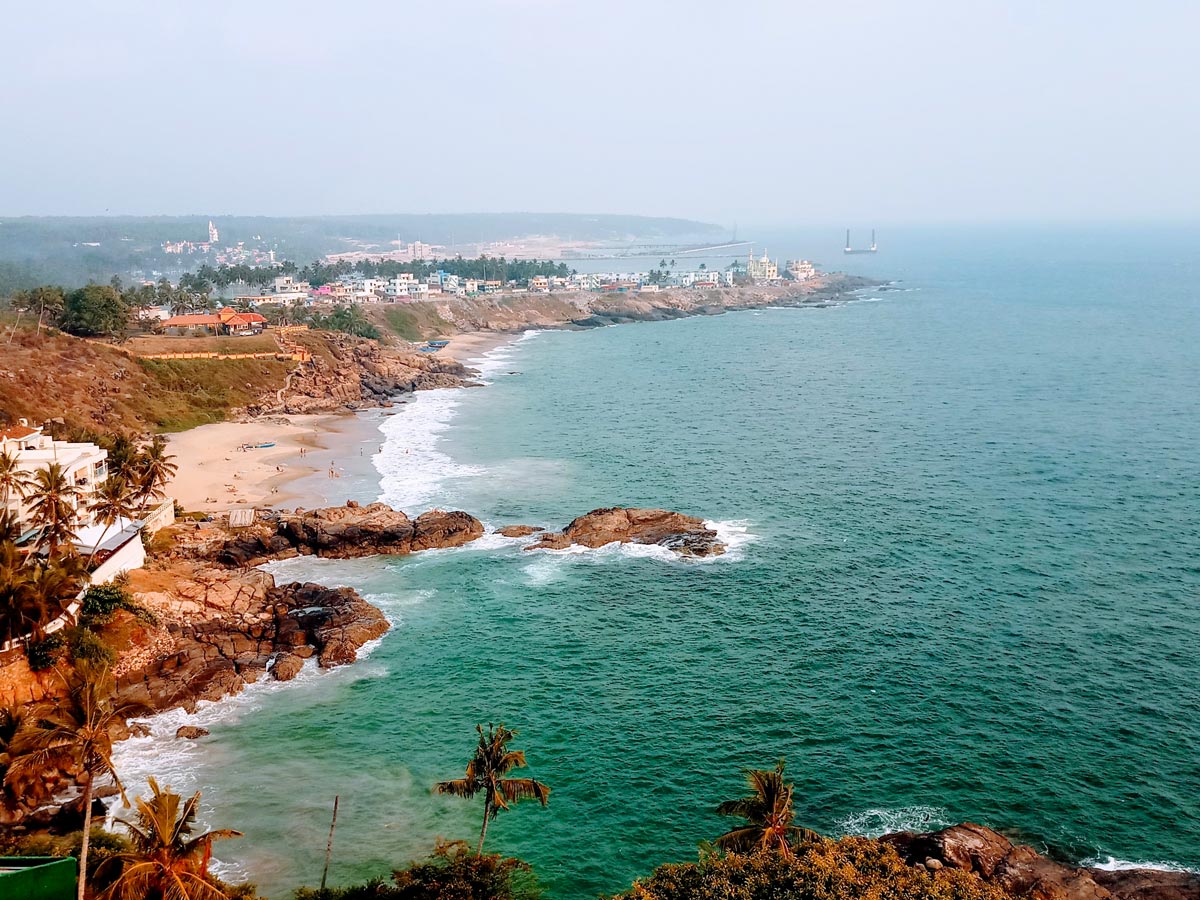 Kovalam Kerala India hilltop aerial view of beautiful shoreline