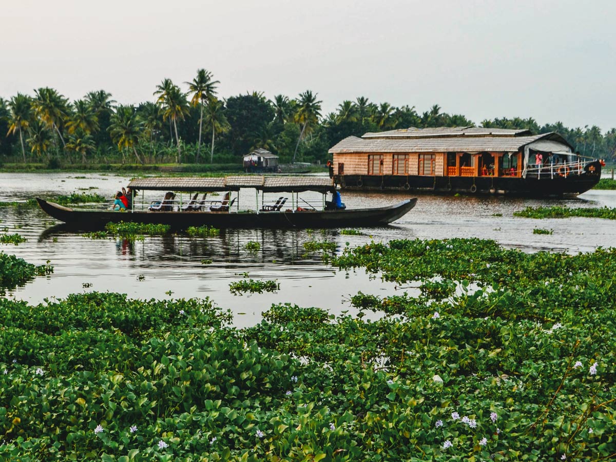 Houseboat and tour boat in backwaters of Alleppey Kerala India
