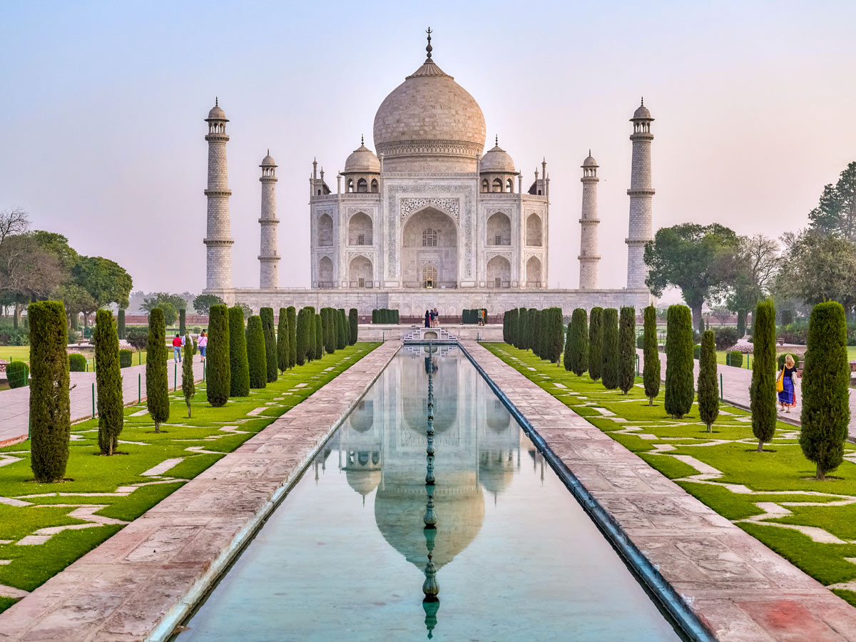 Grand Taj Mahal white marble ston inlay arcitecture Agra India