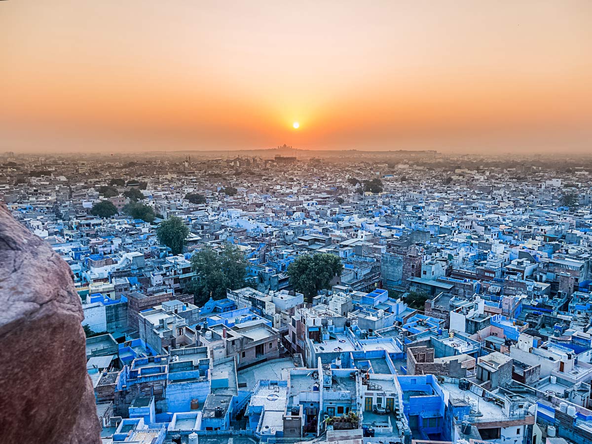 Looking down on Jodhpur blue tinted city in Rajasthan India