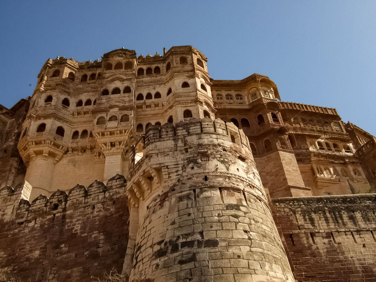 Looking up at Mehrangarh Fort Jodhpur Rajasthan India