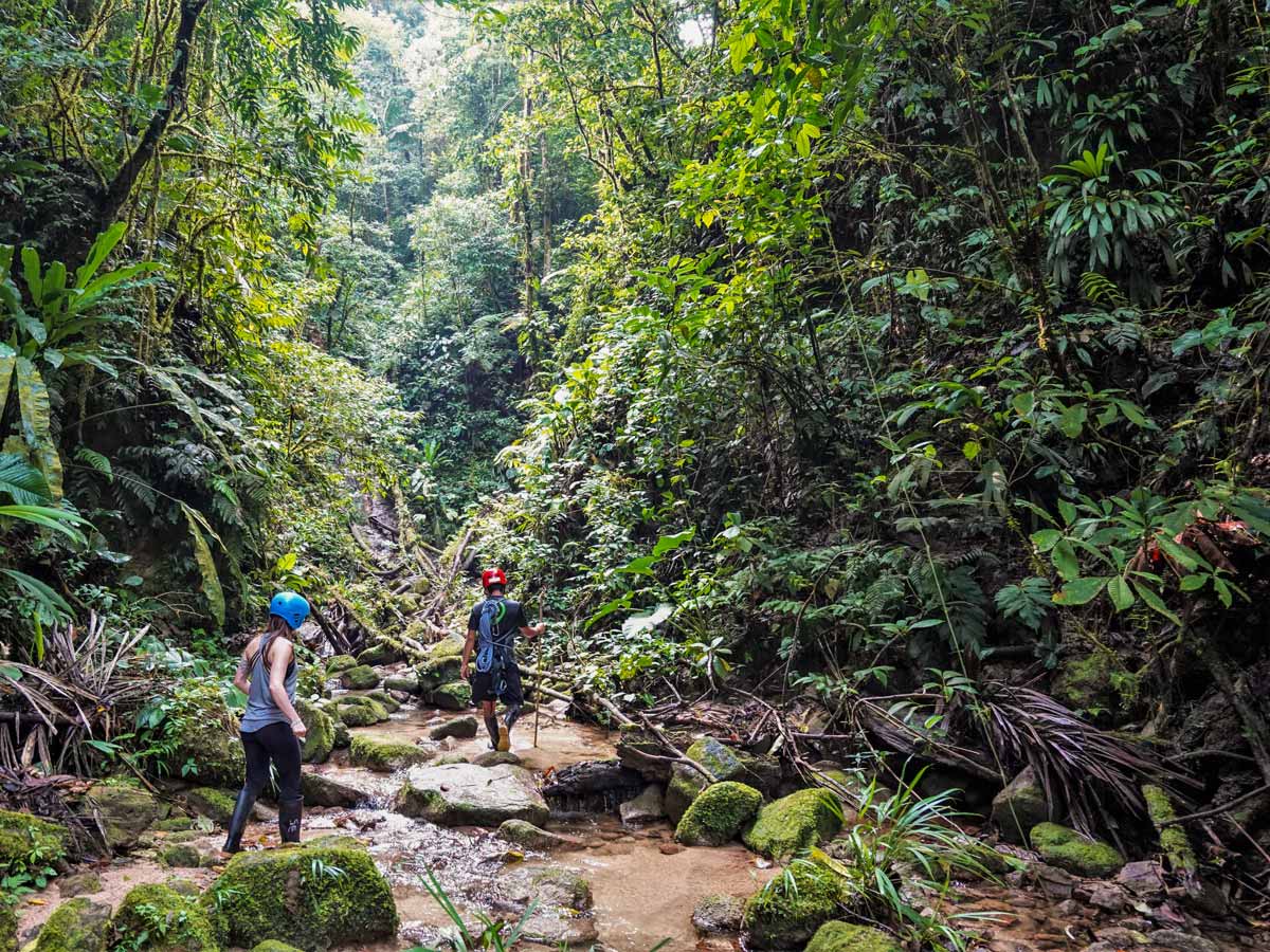 Guided trekking through rivers jungle adventure tour Peru Ecuador