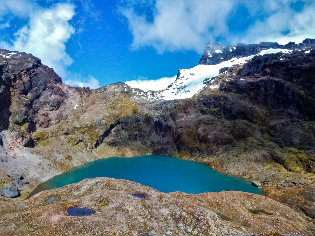 High altitude lake volcano crater hiking trekking Peru