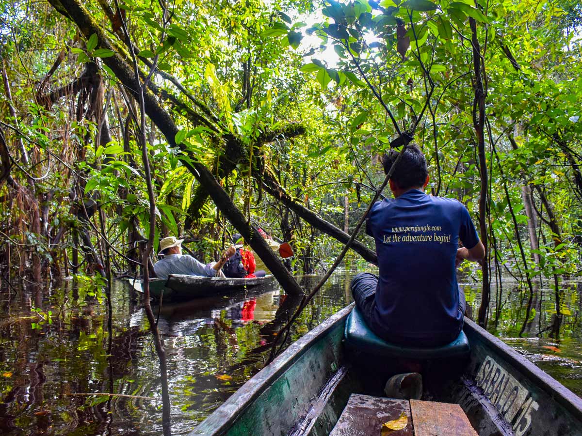 Paddling through jungle shallows Peru Amazonia survival training expedition