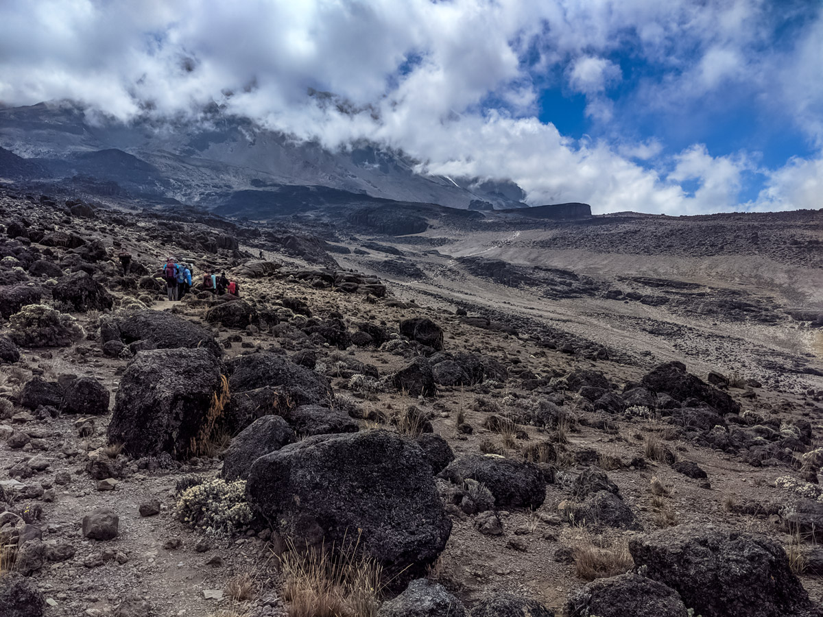 Rocky landscape hiking Northern Circuit route Mount Kilimanjaro Tanzania