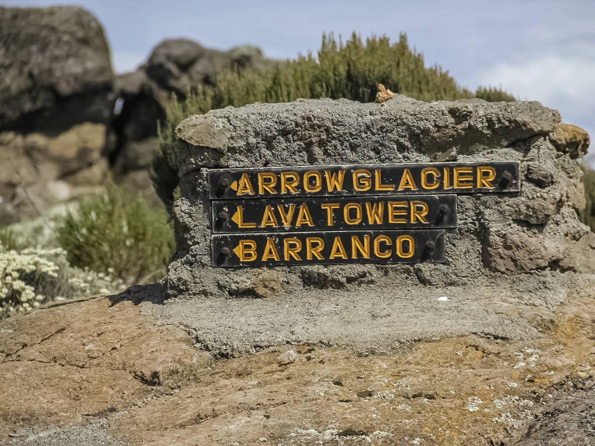 Mount Kilimanjaro Arrow Glacier Lava Tower and Barranco Wall trail sign Tanzania