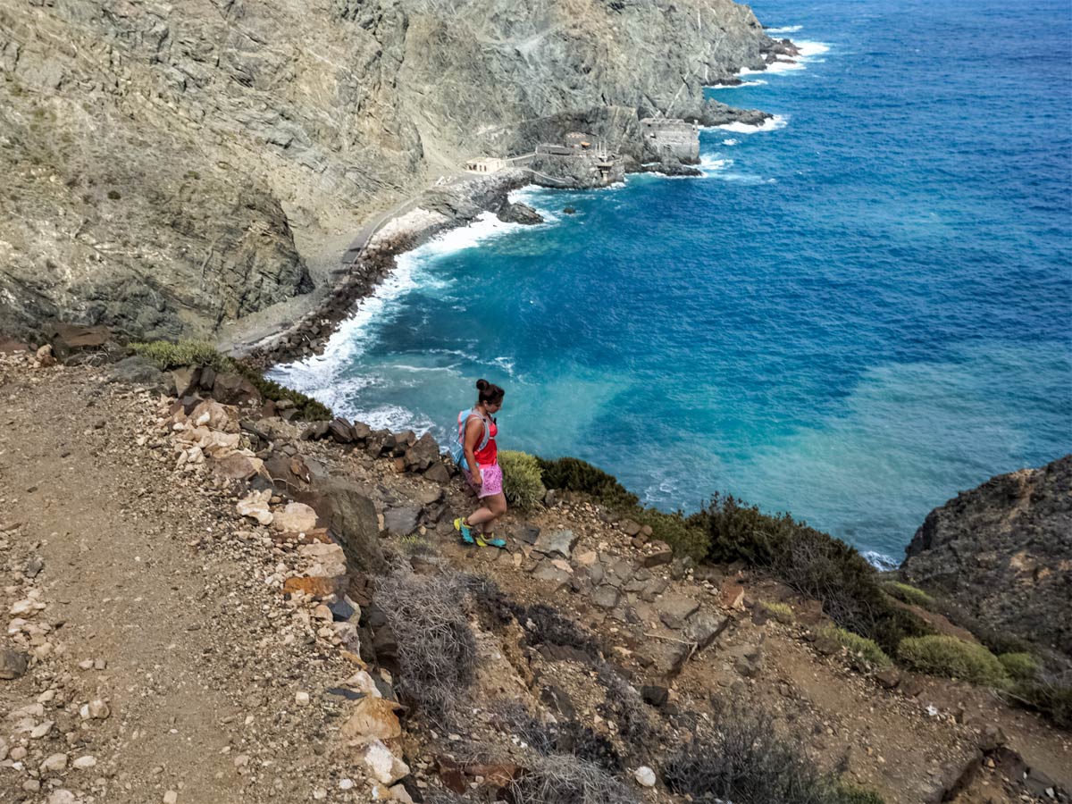 Hiker walking trail to the opcean Spain