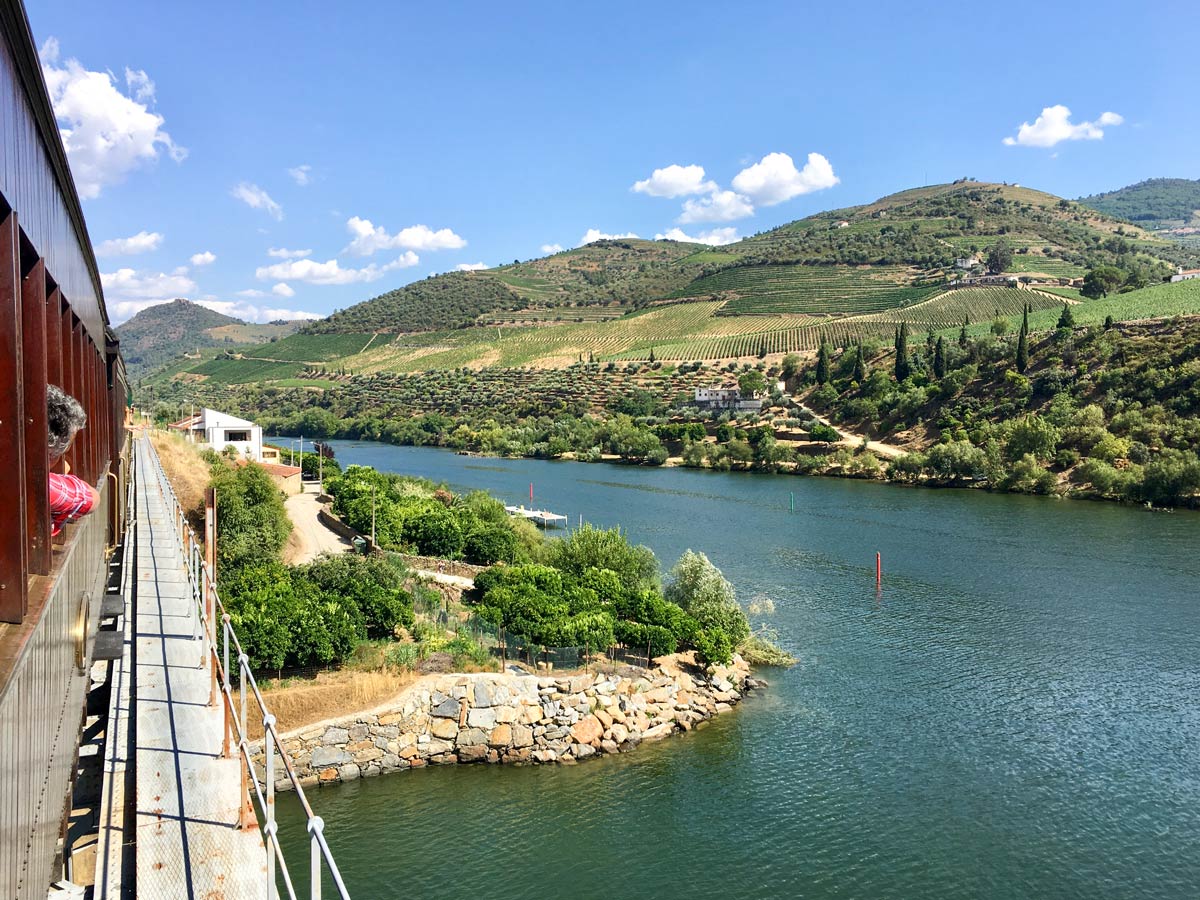 Beautiful countryside views from train Douro National Park Portugal