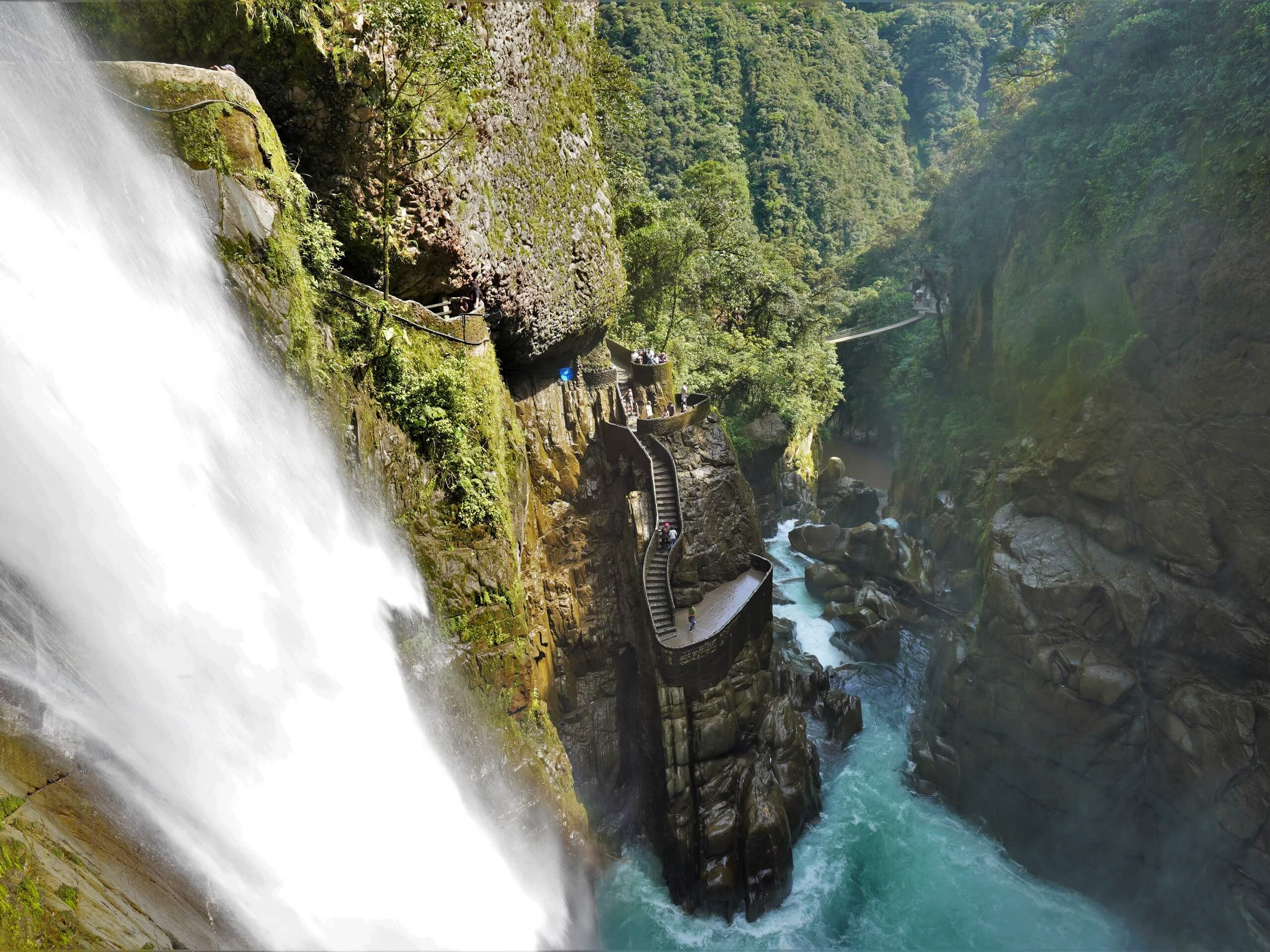 Huge waterfall near the staircase in Ecuador