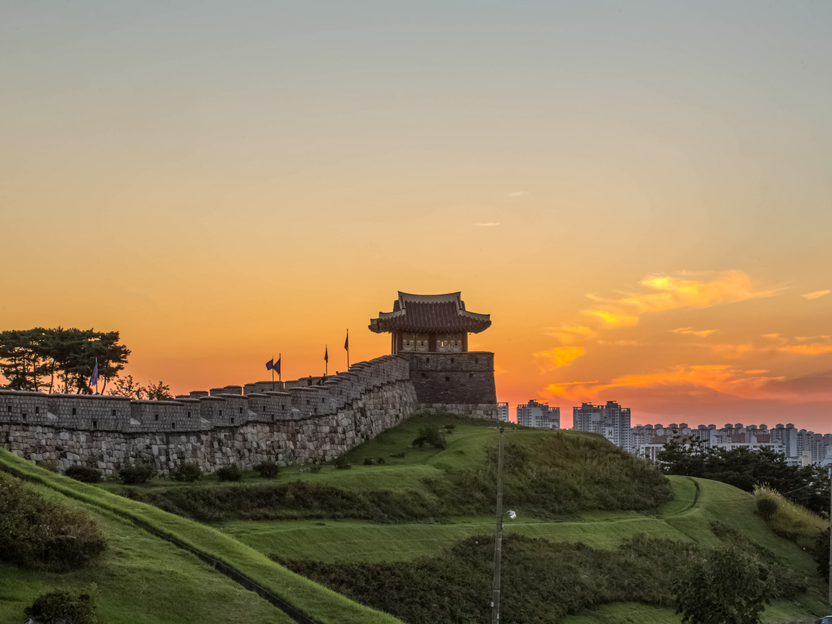 Suwon hwaseong fortress at sunset South Korea Catholic Pilgrim adventure tour