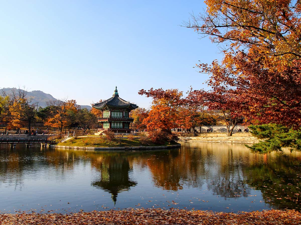 Gyeongbokgung palace water mirror reflections autumn fall exploring South Korea adventure tour