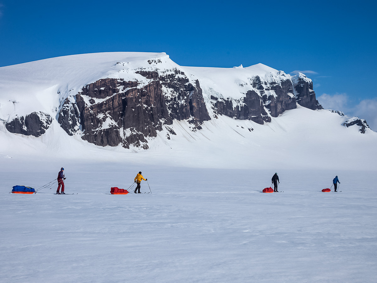 Group ski exploring icelandic terrain Vatnajokull ski trekking adventure tour Iceland