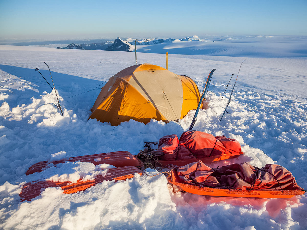 Winter camping Vatnajokull ski trekking adventure tour Iceland
