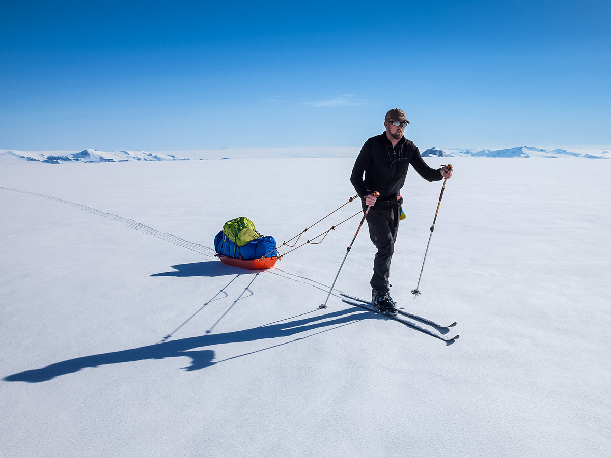 Traversing ice field Vatnajokull ski trekking adventure tour Iceland