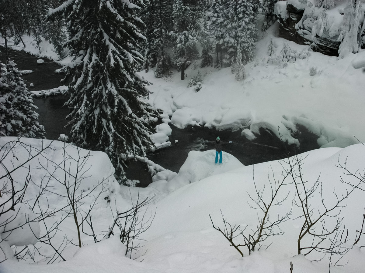 Snowshoer on snowy riverbank snowshoe adventure tour Yellowstone National Park USA