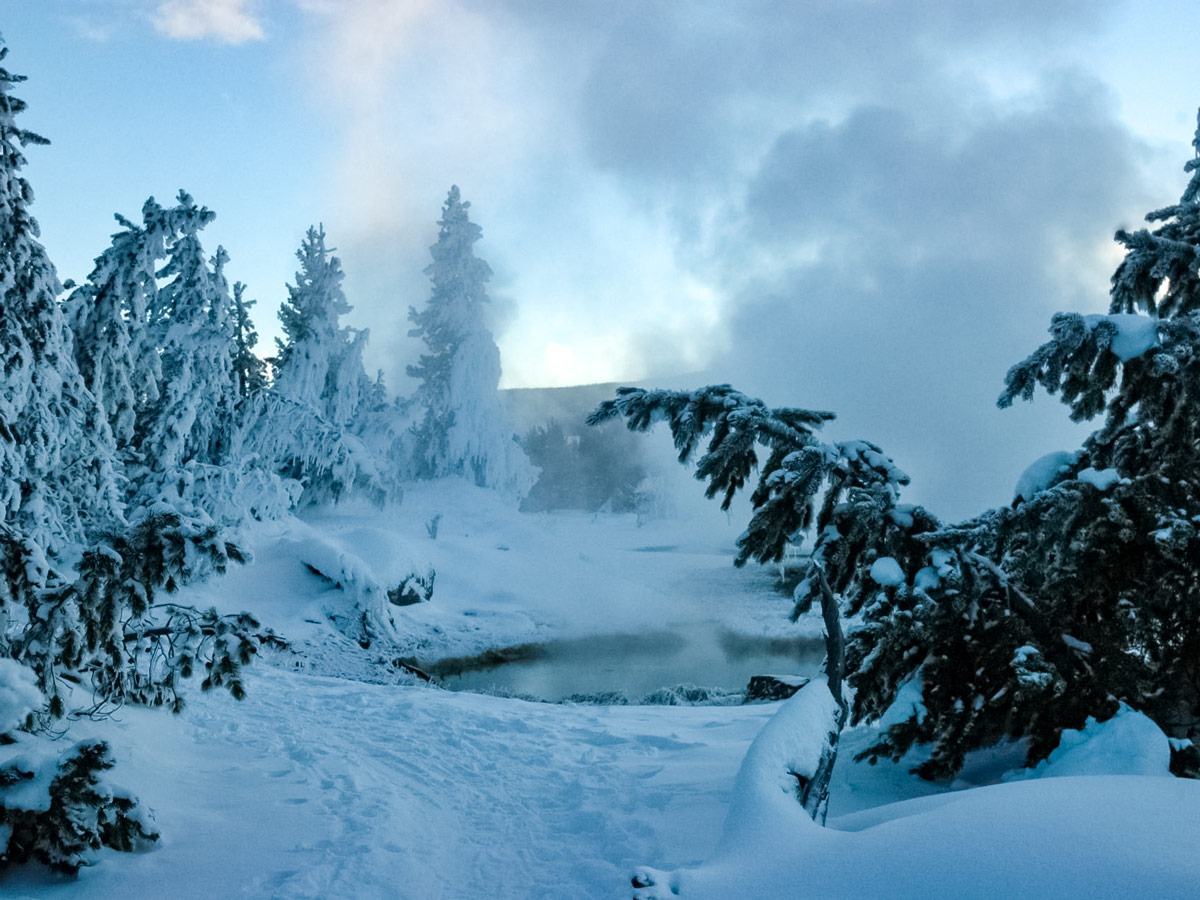 Yellowstone natural hotsprings snowshoe adventure tour Yellowstone National Park USA