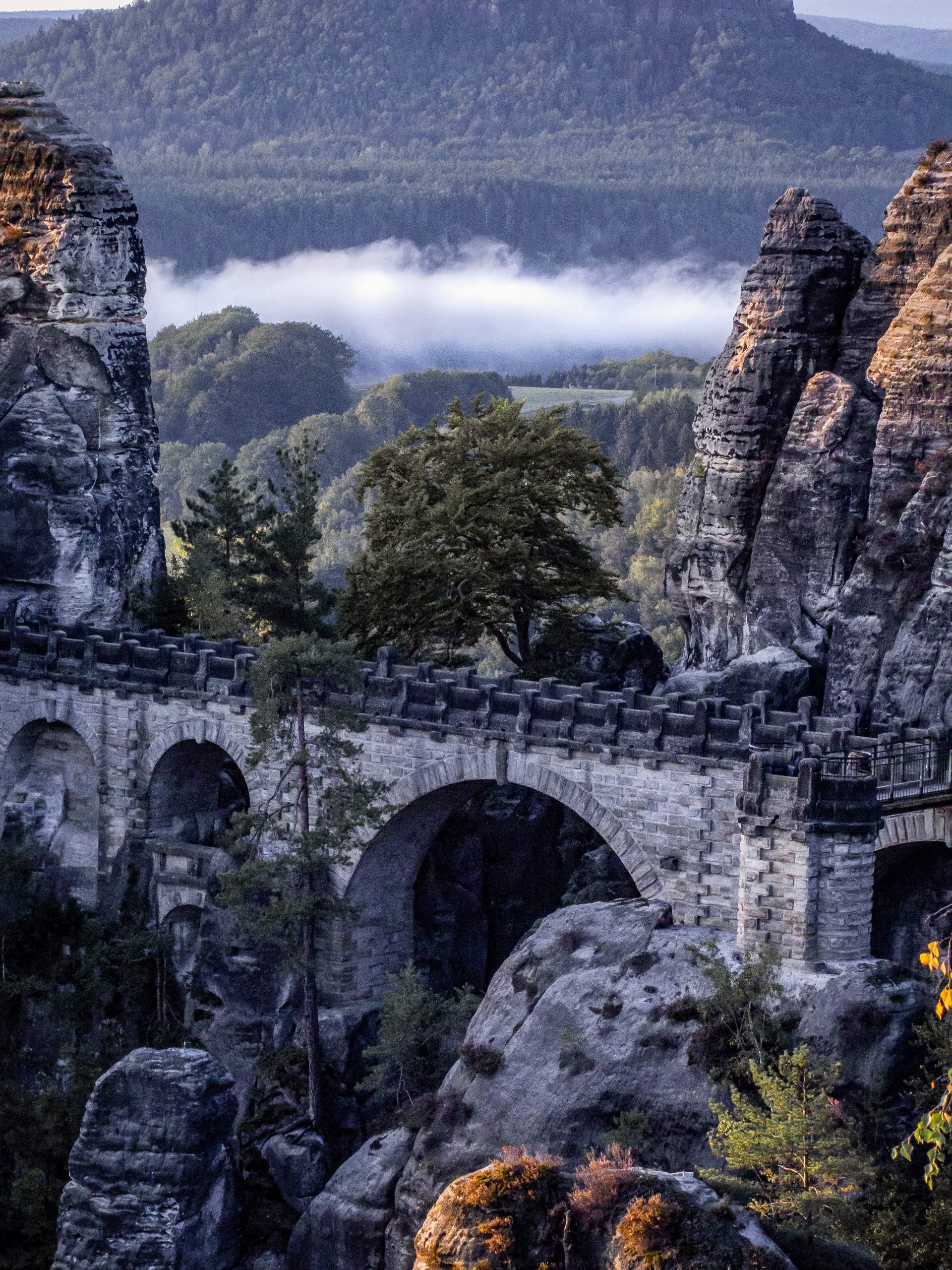 Sunrise view of the Bastei Bridge in the Saxon Elbe Sandstone mountains tour AugustusTours