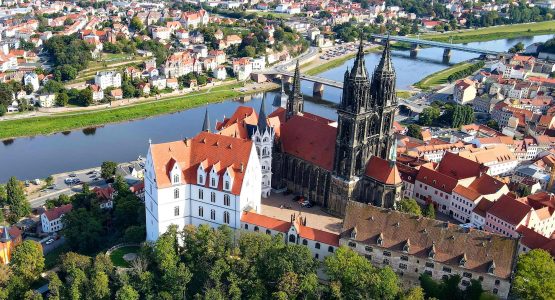 Albrachtsburg castle in Meissen city village on the river