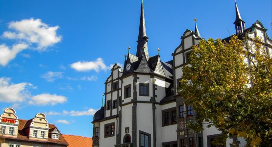 Visit the beautiful town hall in Saalfeld before your bike trip towards Magdeburg