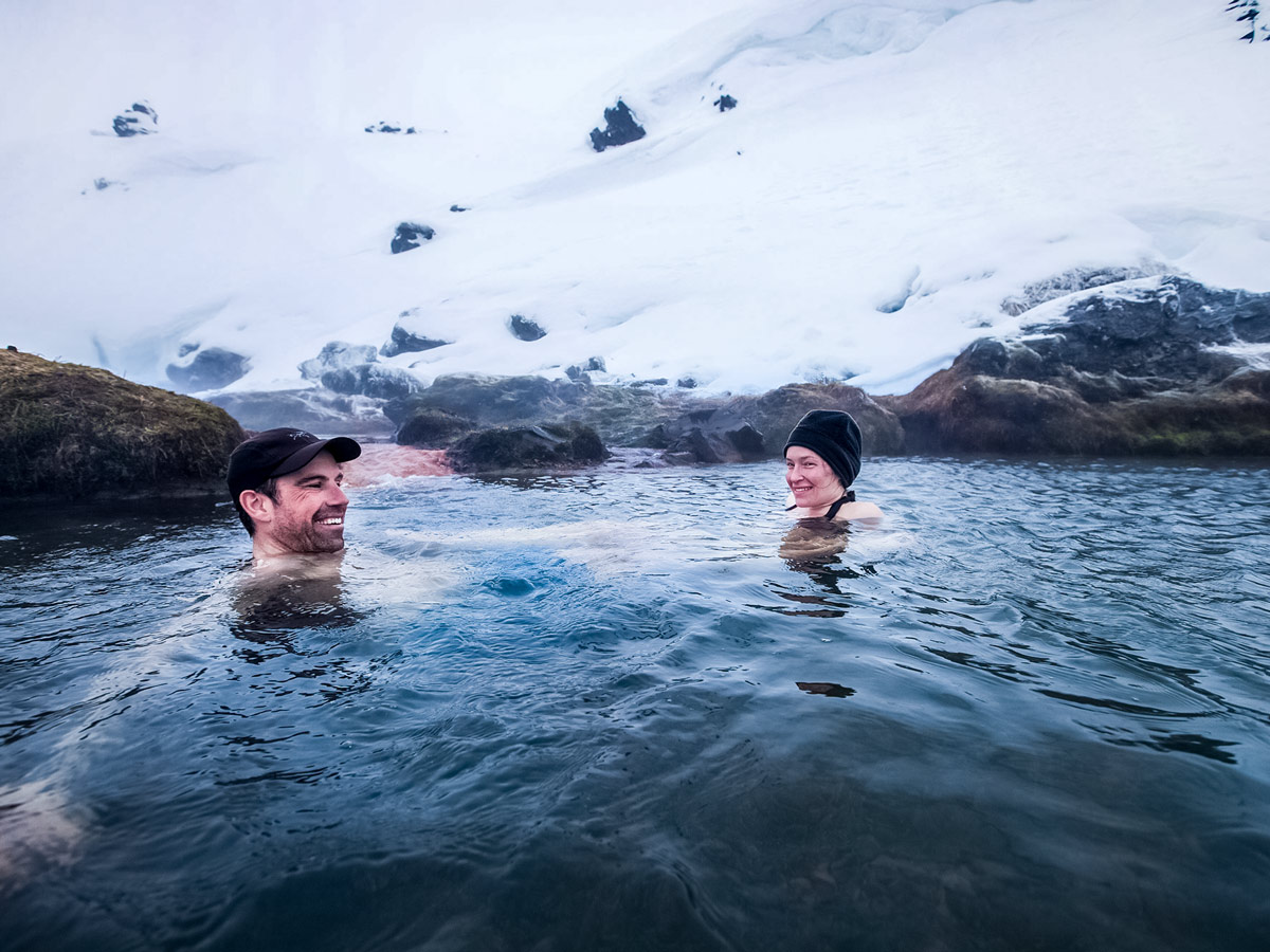 Geothermal hotsprings soak Landmannalaugar cross country nordic ski adventure trek