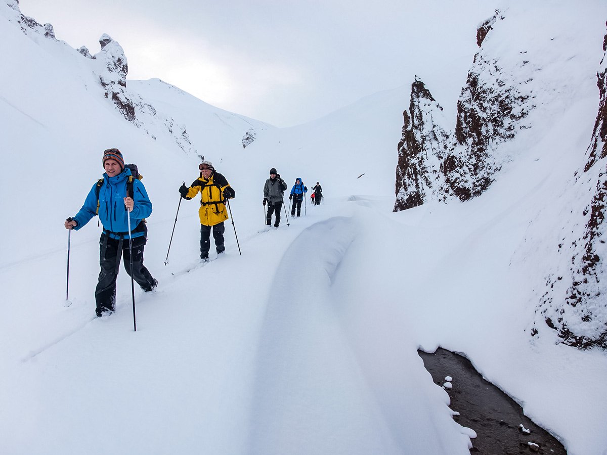 Geothermal creeks and glacier ice field gorges Landmannalaugar cross country nordic ski adventure trek