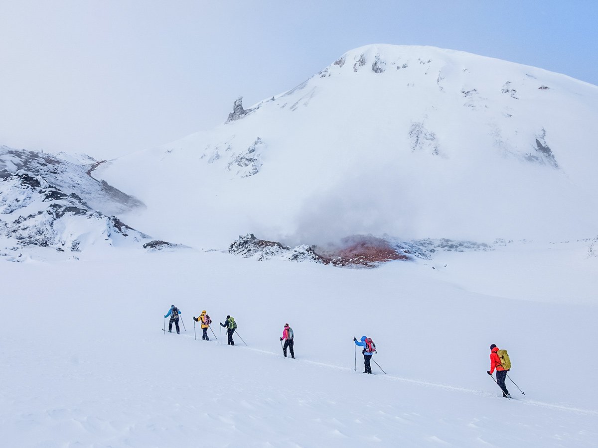 Glaciers and geothermal steam Landmannalaugar cross country nordic ski adventure trek